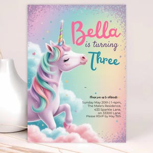 Girls Unicorn Party Invitation | Pastel Rainbow & Sparkle Theme | Canva Editable Birthday Invite | Printable