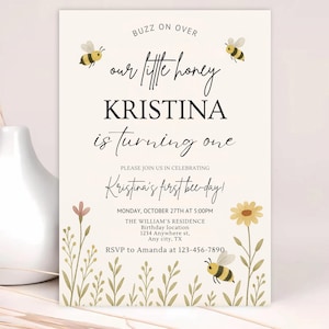 Editable 1st Bee First Birthday Invitation, Our Little Honey First Birthday Invitation, Bee Birthday Invite, Cute Bee Birthday Invitation