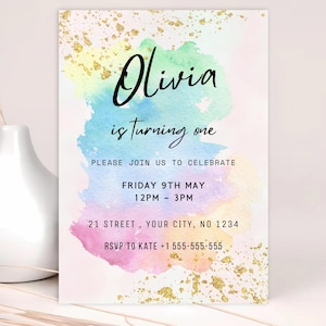 Pastel Rainbow Birthday Invitation: Watercolor Gold Glitter (Digital Download)