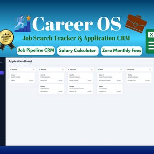 Op de afbeelding: Een digitaal dashboard voor het bijhouden van vacatures en een sollicitatie-CRM genaamd Career OS. De interface toont een sollicitatiebord met kolommen voor Wishlist, Applied, Interview, Offer en Rejected. Bevat iconen van een aktetas en een spreadsheet.