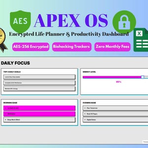APEXOS | Panel de control de alto rendimiento definitivo para Google Sheets | Planificador de vida cifrado | Aplicación de productividad, biohacking y seguimiento de objetivos