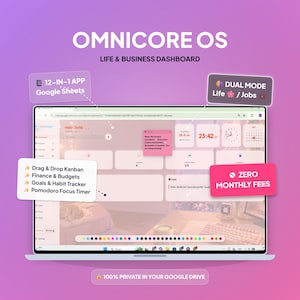 May include: Omnicore OS Life & Business Dashboard displayed on a laptop screen. Features include 12-in-1 App Google Sheets, Dual Mode Life/Jobs, Drag & Drop Kanban, Finance & Budgets, Goals & Habit Tracker, Pomodoro Focus Timer, and Zero Monthly Fees.
