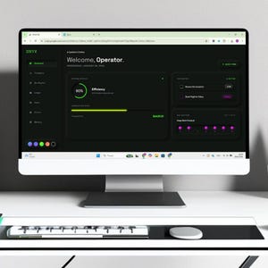 Puede incluir: Un ordenador de sobremesa con un monitor blanco muestra una interfaz de usuario verde oscuro. La pantalla muestra el texto "Welcome, Operator." y varias visualizaciones de datos. Un teclado y un ratón blancos están delante del monitor. Una planta y lápices están en el escritorio.