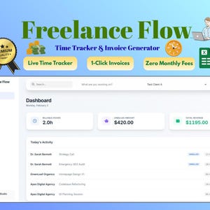 May include: A digital dashboard interface titled Freelance Flow displaying billable hours, unbilled amounts, and total revenue. The layout includes a sidebar with navigation icons, a search bar, and a list of daily activities with client names and dollar amounts.