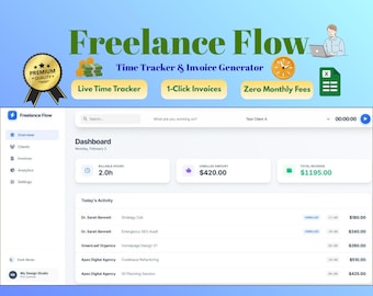 Planilha do Google para controle de tempo de freelancers, gerador de faturas, registro de horas faturáveis, planilha de CRM de clientes, alternativa ao Harvest Toggl Sheet.