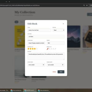May include: A digital interface window titled Edit Book featuring input fields for title, author, cover URL, pages, rating, review, start date, and finish date. The form includes a four-star rating, chilli pepper icons, and a save button.