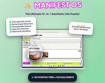 Manifest OS That Girl Lifestyle Planner, Painel Digital Neobrutalismo, Aplicativo Web do Google Sheets, Rastreador de Hábitos, Orçamento para Quadro de Visão