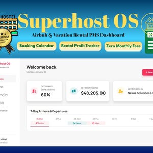 Peut inclure: Une interface de tableau de bord numérique intitulée Superhost OS pour la gestion Airbnb et de locations de vacances. Elle affiche l'occupation, le bénéfice net et les réservations à venir. La mise en page inclut un menu latéral et un calendrier.