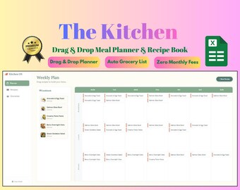 Planejador de Refeições com Arrastar e Soltar para a Cozinha, Livro de Receitas no Google Sheets, Gerador Automático de Lista de Compras, Rastreador de Calorias e Rastreador Semanal de Refeições.
