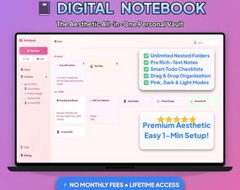 Modelo de Planilhas Google para Caderno Digital, Planejador Estético para Estudantes, Painel de Gerenciamento de Projetos, Second Brain, Aplicativo Alternativo ao Notion