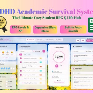 May include: A digital dashboard titled ADHD Academic Survival System, The Ultimate Cozy Student RPG & Life Hub. It features sections for RPG levels, a dopamine effort menu, focus sounds, vitals check-in, hydration, daily routines, and a brain dump.