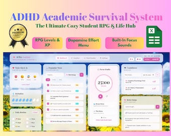 Planilha Google para Planejador de Estudantes com TDAH, Sistema de Sobrevivência Acadêmica Gamificado (Bento), Modelo Estético para Ensino Médio e Superior, Rastreador de Estudos Digital