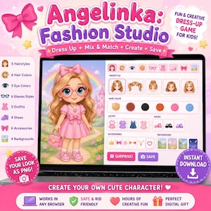 Puede incluir: Una interfaz digital para el juego de vestir Angelinka: Fashion Studio mostrada en la pantalla de una computadora portátil. El juego presenta un personaje personalizable con cabello rubio, gafas rosas y un vestido rosa, junto a menús de opciones.