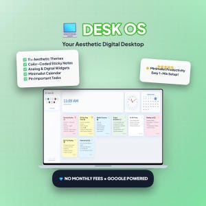 DeskOS | Panel de notas adhesivas estético | Aplicación web minimalista para Google Drive | Bloc de notas para navegador | Organizador de escritorio digital | 11 temas