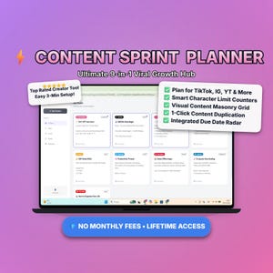 Op de afbeelding: Een laptop toont de interface van de "Content Sprint Planner", een 9-in-1 virale groeihub. Het scherm toont een planner met functies voor TikTok, IG en YT, inclusief tekenlimiettellers en een contentraster. De tekst luidt "Top Rated Creator Tool Easy 3-Min Setup!"