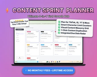Planejador de Sprints de Conteúdo, Aplicativo Web do Google Sheets, Calendário de Conteúdo para Mídias Sociais, Organizador de Blog para Instagram e TikTok, Painel de Controle do Criador em Modo Escuro