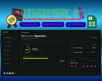 Planilha do Google Sheets com Modo Escuro, Planilha Cyberpunk Neon para TDAH, Painel de Produtividade Glassmorphism, Aplicativo de Planejamento Digital para Notívagos