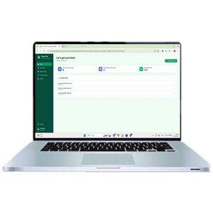 May include: A silver laptop displaying a Career OS job application tracker interface on its screen. The dashboard features a green sidebar, a header stating Let's get you hired, and summary cards for active applications, upcoming interviews, and response rate.