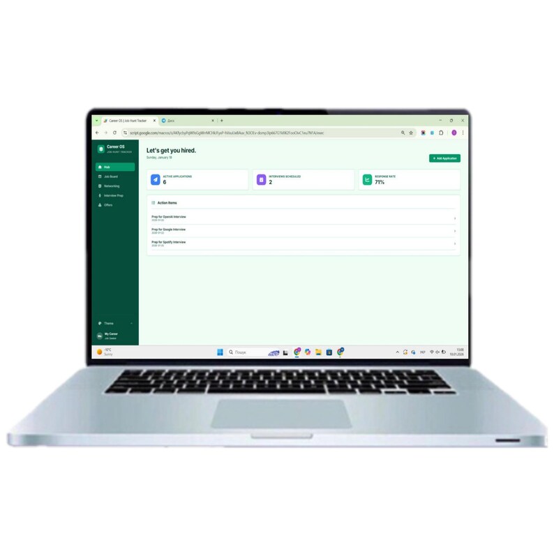 May include: A silver laptop displaying a Career OS job application tracker interface on its screen. The dashboard features a green sidebar, a header stating Let's get you hired, and summary cards for active applications, upcoming interviews, and response rate.