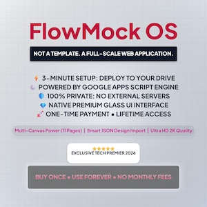 Może przedstawiać: Grafika promocyjna dla FlowMock OS, aplikacji internetowej. Projekt zawiera tekst "FlowMock OS" dużymi czerwonymi literami, z tekstem pomocniczym szczegółowo opisującym funkcje, takie jak 3-minutowa konfiguracja i dożywotni dostęp. Grafika zawiera również tekst "Exclusive Tech Premier 2026".