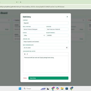 May include: A digital interface window titled Edit Entry for a job application tracker. Fields include Company: OpenAI, Role: Senior Product Designer, Location: San Francisco (Hybrid), Status: Offer, Salary: 240000, URL, Date, and a notes section.