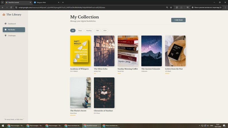 May include: A digital interface titled The Library displaying a My Collection page with a grid of book covers. The layout includes a sidebar with navigation options, a button to add books, and various book titles like Academy of Whispers.