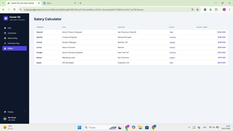 May include: A digital interface titled Salary Calculator displaying a table of job applications. Columns include Company, Role, Location, Status, and Salary/Comp. Rows list various tech companies like OpenAI, Spotify, Airbnb, Linear, Google, Notion, and Apple.