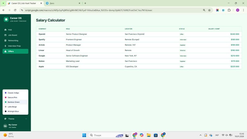 May include: A digital interface titled Salary Calculator displaying a table of job applications. Columns include Company, Role, Location, Status, and Salary. Rows list companies like OpenAI, Spotify, Airbnb, Linear, Google, Notion, and Apple.