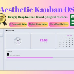 May include: A digital Kanban dashboard interface featuring a sidebar menu, an analog clock, a digital time display, a calendar for April 2024, and an analytics progress bar showing 5 out of 8 tasks completed. Text includes Aesthetic Kanban OS.
