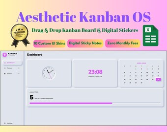 Modelo de Planilhas Google com Quadro Kanban Estético, Planejador Digital e Notas Adesivas, Painel de Produtividade para TDAH, Rastreador de Gerenciamento de Projetos