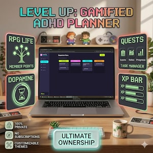 Level Up: Gegamificeerde ADHD-planner | Google Sheets RPG-levensspel | XP-systeem gewoonte-tracker | Dopaminemenu focus-timer | Neurodivergente taakberekening