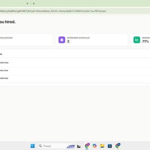May include: A digital dashboard titled Career OS Job Hunt Tracker displaying a hub interface with metrics for six active applications, two scheduled interviews, and a 71% response rate, alongside a list of action items for upcoming interviews.