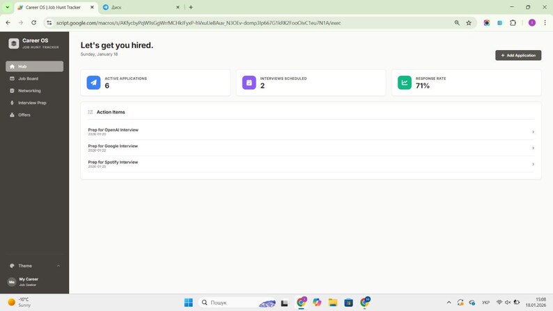 May include: A digital dashboard titled Career OS Job Hunt Tracker displaying a hub interface with metrics for six active applications, two scheduled interviews, and a 71% response rate, alongside a list of action items for upcoming interviews.
