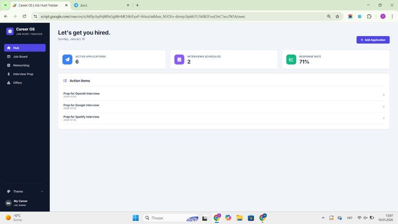 May include: A digital dashboard interface titled Career OS Job Hunt Tracker displaying a hub with active applications, interview schedules, and a response rate of 71 percent. The screen shows action items for interview preparation for OpenAI, Google, and Spotify.