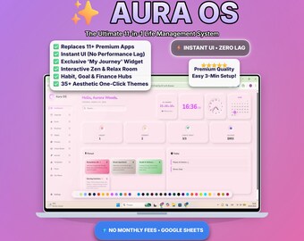 Ultimate Life Planner Google Sheets Template, Aura OS Digital Dashboard Web App, Notion Alternative, Vision Board Habit Tracker Zen Room