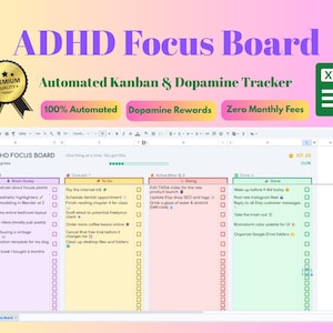 Tablero Kanban automatizado en Google Sheets | Planificador de enfoque para TDAH | Lista de tareas gamificada | Rastreador de tareas de dopamina | Panel de productividad sin código