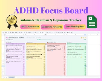 Planilhas Google com Kanban automatizado, Planejador de foco para TDAH, Lista de tarefas gamificada, Rastreador de tarefas de dopamina, Painel de produtividade sem código