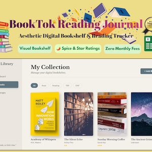 May include: A digital BookTok Reading Journal interface featuring a stack of colourful books, a dashboard with a My Collection section, and four book covers titled Academy of Whispers, The Silent Echo, Sunday Morning Coffee, and The Ancient Grimoire.