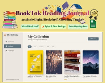Planilha Google para registro de leitura BookTok, planilha digital de acompanhamento de livros, biblioteca com estilo de estante de livros, planejador de estatísticas de leitura com classificação Spice.