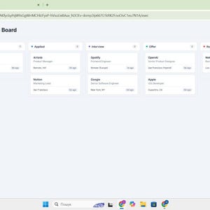 May include: A digital Career OS job hunt tracker application board interface displayed on a screen. The dashboard features columns for Wishlist, Applied, Interview, Offer, and Rejected, with individual job cards listing company names and roles.