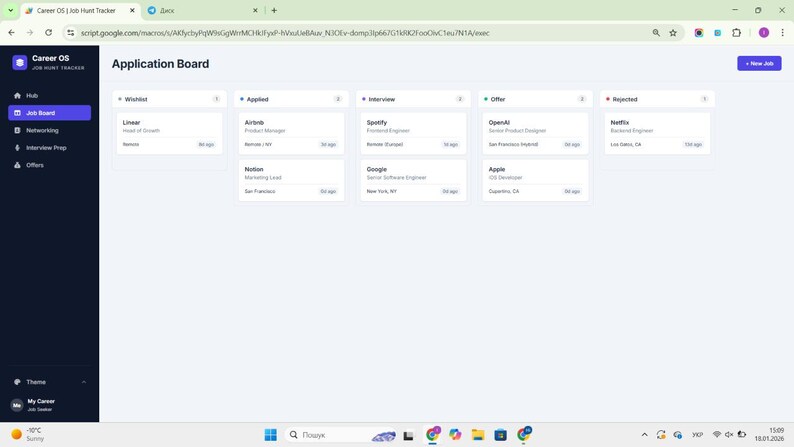 May include: A digital Career OS job hunt tracker application board interface displayed on a screen. The dashboard features columns for Wishlist, Applied, Interview, Offer, and Rejected, with individual job cards listing company names and roles.