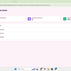 May include: A digital dashboard interface titled Career OS Job Hunt Tracker with a pink sidebar and white main area. It displays active applications, interview schedules, response rate, and a list of action items including interview preparation tasks.