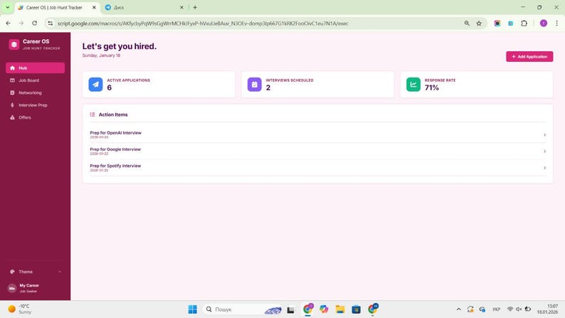 May include: A digital dashboard interface titled Career OS Job Hunt Tracker with a pink sidebar and white main area. It displays active applications, interview schedules, response rate, and a list of action items including interview preparation tasks.