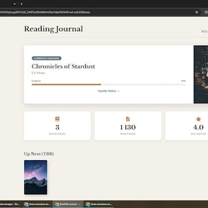 May include: A digital reading journal interface titled The Library, featuring a dashboard with a currently reading section for Chronicles of Stardust by Esi Moon, a progress bar, and statistics showing 3 books read, 1130 pages read, and a 4.0 average rating.