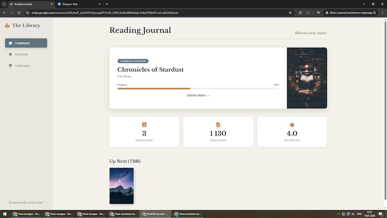 May include: A digital reading journal interface titled The Library, featuring a dashboard with a currently reading section for Chronicles of Stardust by Esi Moon, a progress bar, and statistics showing 3 books read, 1130 pages read, and a 4.0 average rating.