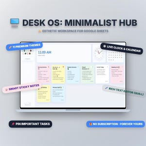 DeskOS | Dashboard estetica per note adesive | App Web minimalista per Google Drive | Blocco note per browser | Organizzatore digitale per scrivania | 11 temi
