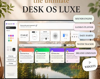 Espaço de trabalho digital estético com Planilhas Google, Bloco de notas adesivas, Planner OS Luxe, Painel de controle completo para foco em TDAH, Bloco de notas sem assinatura.
