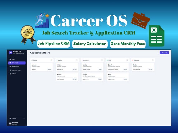 Career OS Job Search Tracker Kanban Board, Google Sheets Application Organizer, Interview Prep and Salary Calculator, Notion Alternative