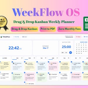 WeekFlow OS Kanban Weekly Planner, Drag and Drop Digital Organizer, Printable To-Do List, Pomodoro Timer, Google Sheets Web App