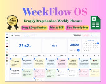 Planejador semanal Kanban WeekFlow OS, organizador digital com recurso "arrastar e soltar", lista de tarefas imprimível, cronômetro Pomodoro, aplicativo web do Google Sheets